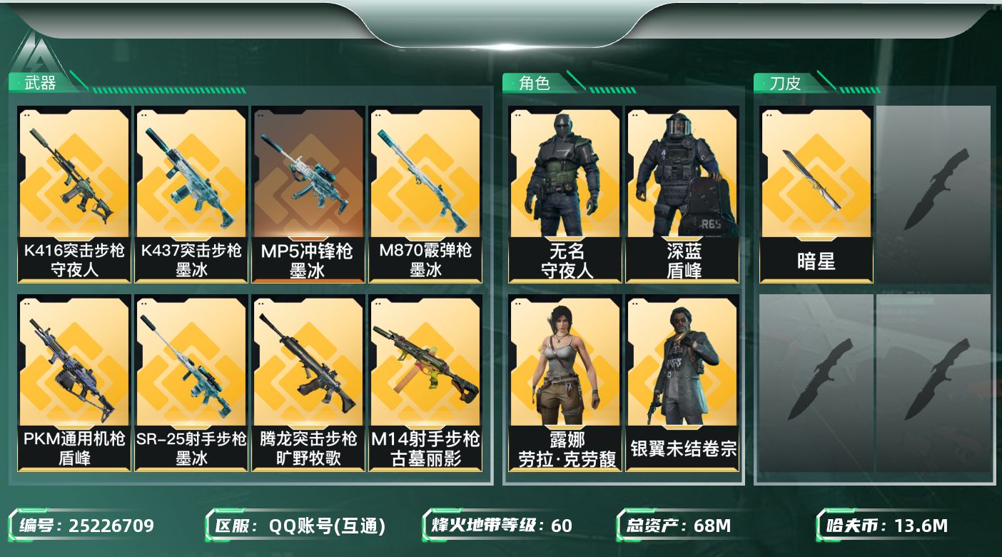三角洲行动账号QQ[25226709]【7587】68m总资产-13602k哈夫币-60烽火等级-铂金-5战场等级-无