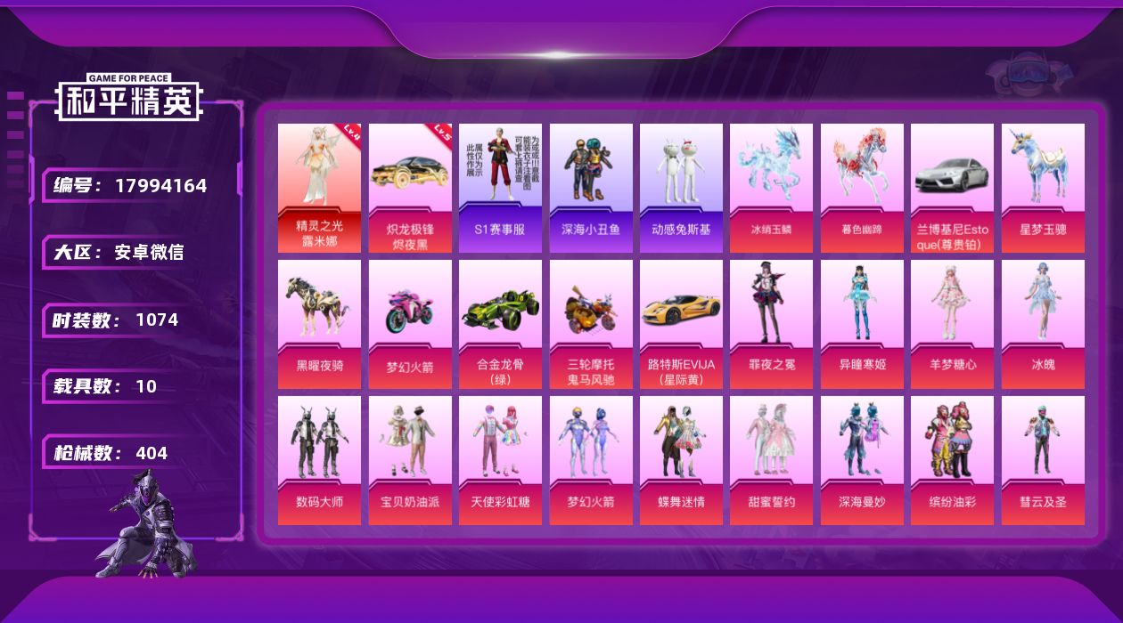 和平精英账号安卓微信[17994164]1红装 67粉装 36特效枪 10载具 17印记 可二次 可修改实名 
【四级神
