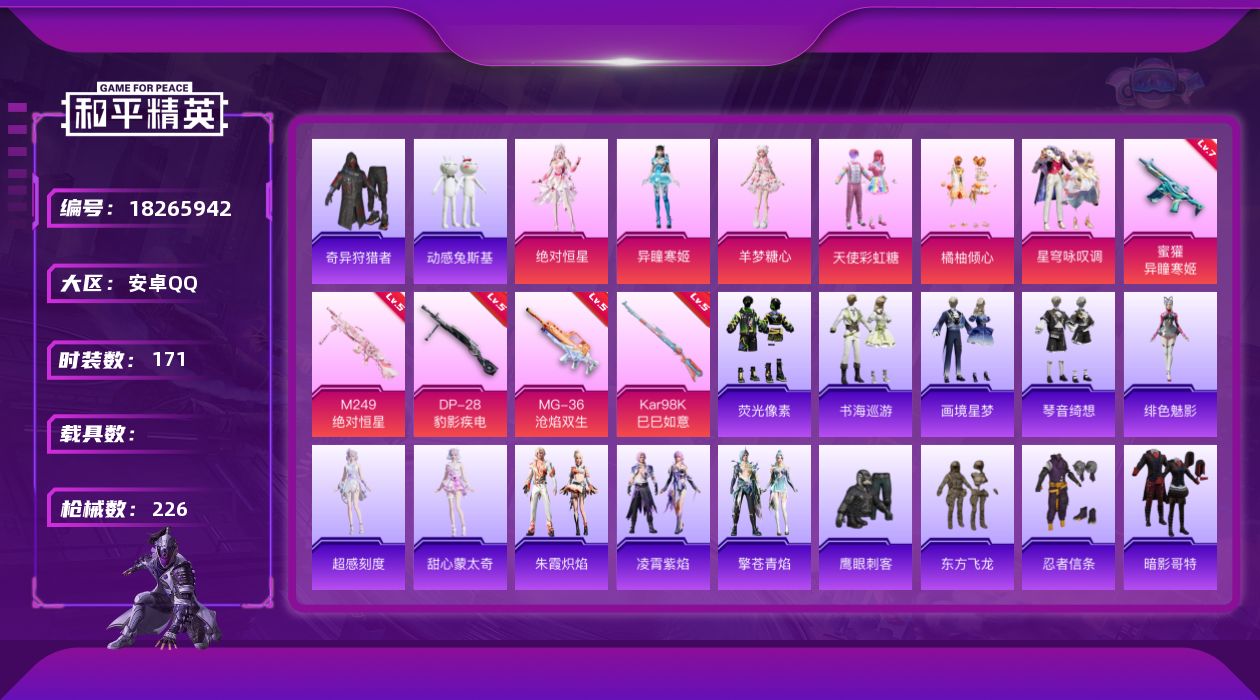 和平精英账号安卓QQ[18265942]安卓 手Q-6粉装-9特效枪-0载具-2粉色飞行器-62850热力值-7王牌印记-171套装-226枪皮
【热门品类】：套装-奇异狩猎者，套装-忍者信条，套装-动感兔斯基人偶服，套