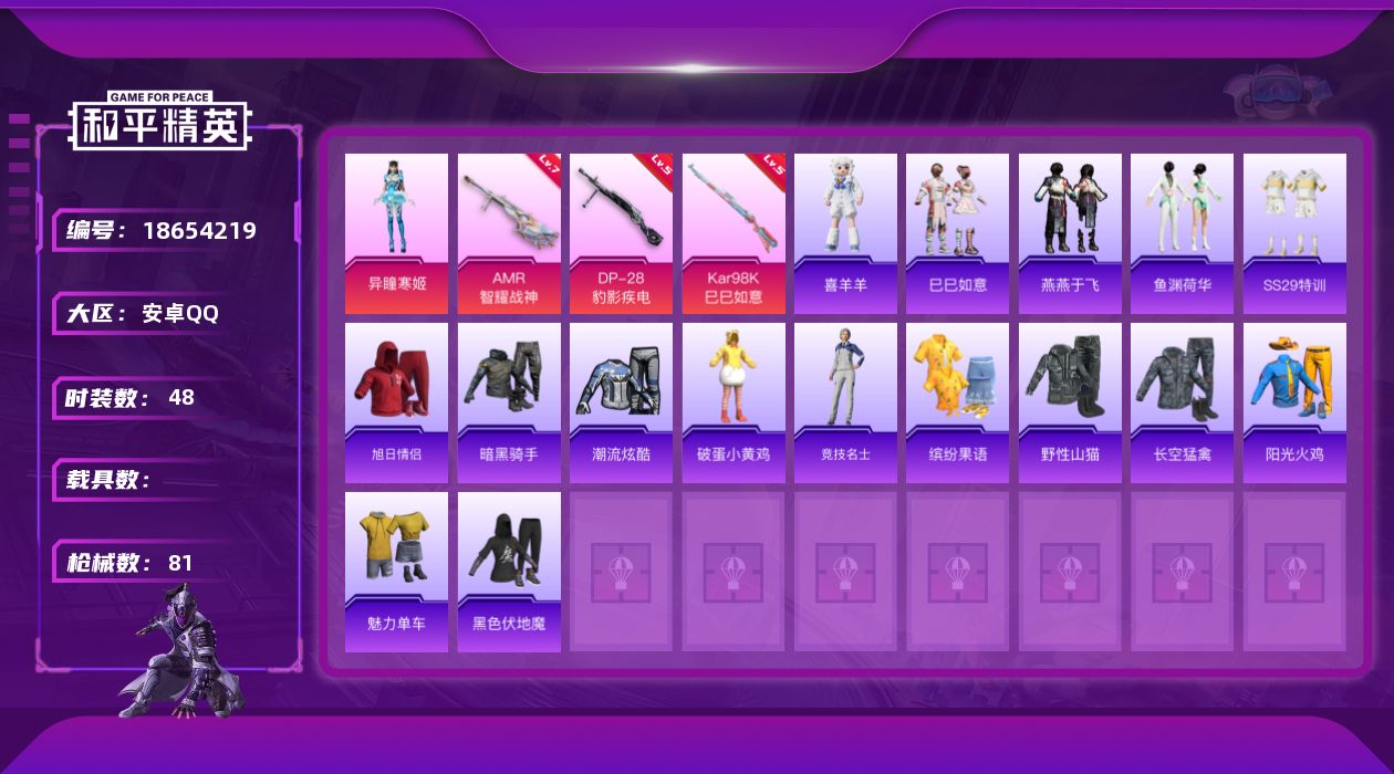 和平精英账号安卓QQ[18654219]安卓 手Q-1粉装-4特效枪-0载具-1粉色飞行器-19951热力值-4王牌印记-48套装-81枪皮
【粉色套装】：角色-异瞳寒姬
【粉色枪皮等级】：Kar98K-巳巳如意(五级)