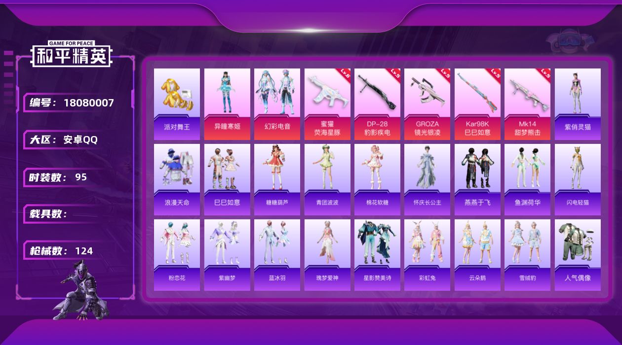 和平精英账号安卓QQ[18080007]安卓 手Q-2粉装-7特效枪-0载具-1粉色飞行器-30841热力值-2王牌印记-95套装-124枪皮
【热门品类】：套装-浪漫天命，套装-派对舞王
【粉色套装】：粉装-幻彩电音，