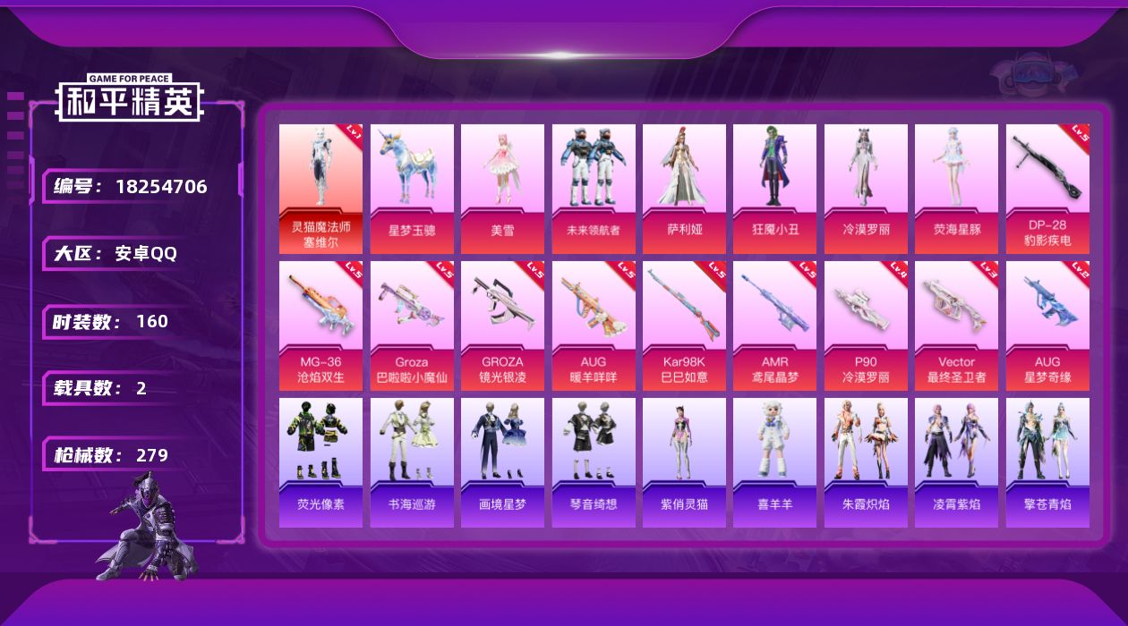 和平精英账号安卓QQ[18254706]【特价出售/店主推荐】安卓 手Q-2神装-7粉装-13特效枪-2载具-11粉色飞行器-82667热力值-12王牌印记-160套装-279枪皮【红色神装等级】：暮色玫影-艾丽娅(二级