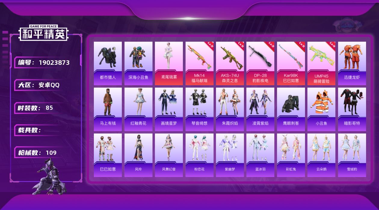 和平精英账号安卓QQ[19023873]85套装/枪械5/装备125/战备67/热力值27720/四级UMP45-萌骑冒险/五级AKS-74U-森灵之息/五级Kar98K-巳巳如意/五级MK14-福马献瑞/五级DP-28