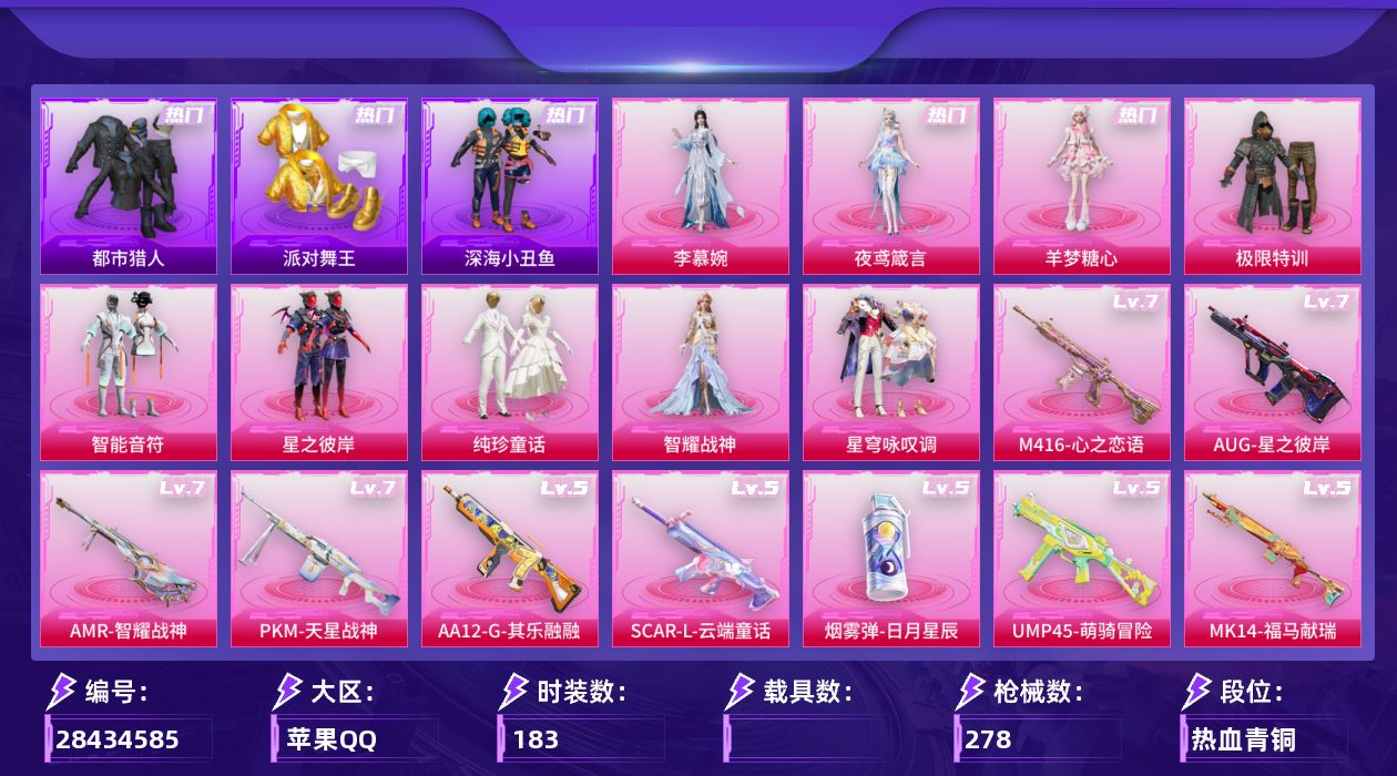 [28434585]苹果手Q-历史最高段位：传奇王牌16星-9粉装-15特效枪-4粉色飞行器-86482热力值-11王牌印记-183套装-278枪皮
【热门品类】：套装-都市猎人，套装-派对舞王，套装-深海小丑鱼，套装-小丑鱼，套装-暗夜之虎，套装-龟仙人，角色-Mark.06
【粉色套装】：粉装-极限特训，粉装-智能音符，粉装-星之彼岸，粉装-纯珍童话，角色-智耀战神，粉装-星穹咏叹调，角色-羊梦糖心，角色-李慕婉，角色-夜鸢箴言
【粉色枪皮等级】：AKM-绿萝繁花(五级)，SCAR-L-锦绣绵绵(三级)，SCAR-L-云端童话(五级)，M416-心之恋语(七级)，AUG-星之彼岸(七级)，AUG-暖羊咩咩(五级)，UMP45-萌骑冒险(五级)，野牛-吾皇猫(四级)，Kar98K-巳巳如意(五级)，Mk14-福马献瑞(五级)，AMR-智耀战神(七级)，AA12-G-其乐融融(五级)，DP-28-豹影疾电(五级)，PKM-天星战神(七级)，烟雾弹-日月星辰(五级)
【粉色枪皮】：AKM-绿萝繁花，SCAR-L-锦绣绵绵，SCAR-L-云端童话，M416-心之恋语，AUG-星之彼岸，AUG-暖羊咩咩，UMP45-萌骑冒险，野牛-吾皇猫，Kar98K-巳巳如意，Mk14-福马献瑞，AMR-智耀战神，AA12-G-其乐融融，DP-28-豹影疾电，PKM-天星战神，烟雾弹-日月星辰
【粉色飞行器】：炫彩糖果飞行器，星之彼岸飞行器，极意拳锋飞行器，李慕婉飞行器
【粉色降落伞】：星之彼岸降落伞，千面幻镜降落伞，未来歌姬降落伞，炫光之旅降落伞，绝色倾城降落伞，辉耀战甲降落伞，江南烟雨降落伞，精灵梦叶罗丽降落伞，创世·救赎降落伞，千金淑猫降落伞，月下星之子降落伞，星穹咏叹调降落伞，幻彩电音降落伞，无垠阁降落伞，炫彩糖果降落伞，李慕婉降落伞，夜鸢箴言降落伞
【稀有套装】：套装-龟仙人，套装-巳巳如意，套装-雪国风尚，套装-炫彩糖果，角色-罗莉，套装-马上来财，套装-迅捷龙虾，套装-遗迹猎人，角色-柔柔联名款，角色-梨子酱联名款，角色-碧琪联名款，角色-珍奇联名款，角色-雾鬃联名款，套装-云宝联名款，套装-其乐融融，套装-恋语绒绒，套装-晴夏甜甜，套装-荒原烈焰，套装-冰河战士，套装-雏菊兔兔，套装-萝兰蝴蝶，套装-糖糖葫芦，套装-青团波波，角色-摩登魅猫，套装-燕燕于飞，套装-鱼渊荷华，套装-晶灵使者