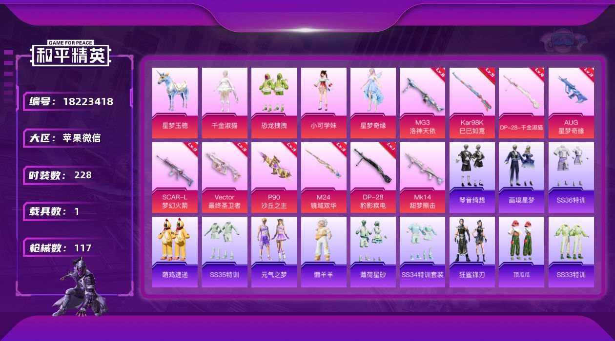 和平精英账号苹果微信1载具-63套装-117枪皮-AUG星梦奇缘3急 1载具4粉装10特效枪1热门63套装117枪皮 3