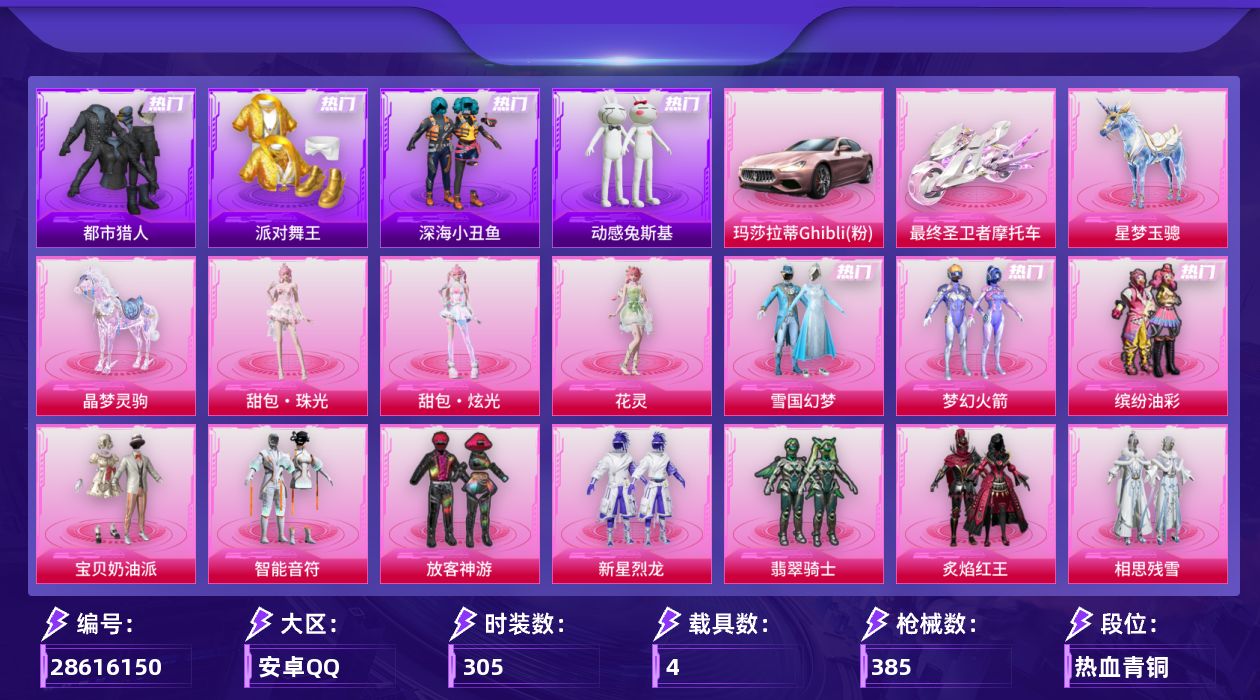 [28616150]【2273】305套装/枪械17/装备601/载具4/战备290/王牌印记18/热力值148765/梦幻火箭背包(1级)/雪国精灵背包(3级)/雪国精灵背包(2级)/雪国精灵背包(1级)/折纸暴龙背包(1级)/甜心宝贝背包(2级)/甜心宝贝背包(1级)/金风玉露背包(3级)/深海小丑鱼背包(1级)/深海曼妙背包(3级)/神秘黑猫背包(3级)/神秘黑猫背包(1级)/夏日绵绵冰背包(1级)/梦幻火箭头盔(2级)/梦幻火箭头盔(1级)/雪国精灵头盔(3级)/雪国精灵头盔(2级)/雪国精灵头盔(1级)/甜心宝贝头盔(3级)/甜心宝贝头盔(2级)/甜心宝贝头盔(1级)/金羽特工头盔(1级)/甜蜜誓约头盔(3级)/甜蜜誓约头盔(2级)/雪国幻梦/梦幻火箭(新101)/缤纷油彩/浪漫天命/都市猎人/派对舞王/深海小丑鱼/小丑鱼/动感兔斯基/2B战斗服款/龟仙人/潮萌小黄鸭/暗影哥特/红熊茄茄/七级AKM梦之光华/七级SCARL童趣迷兔/九级M416超新星/六级AUG超新星/五级ARX神木藏锋/七级UMP45相思残雪/四级Vector流风之羽/四级汤姆逊玉魄流云/五级AKS74U琉璃赤心/五级Kar98K巳巳如意/七级SLR暗夜玫瑰/七级M417第五大道/七级M249彩虹甜喵/四级DP28豹影疾电/三级烟雾弹甜梦果泡/五级燃烧瓶薄荷可可/五级破片手榴弹瓶中星球/玛莎拉蒂Ghibli(粉)/最终圣卫者摩托车/星梦玉骢/晶梦灵驹/深海曼妙降落伞/灰烬之翎降落伞/破风疾驰降落伞/百万伏特降落伞/未来战士降落伞/粉色回忆降落伞/甜心宝贝降落伞/梦幻火箭降落伞/童趣迷兔降落伞/梦之光华降落伞/暗夜玫瑰降落伞/林间仙鹿降落伞/蓝莓炮弹降落伞/天之羽翼降落伞/环太平洋降落伞/垂柳戏鸭降落伞/彩虹甜喵降落伞/旋转彩虹降落伞/冰川粉黛降落伞/歌者泠鸢降落伞/音爆索尼克降落伞/畅跳缤纷降落伞/第五大道降落伞/天星战神降落伞/未来歌姬降落伞/莲影清波降落伞/蜜语绒猫降落伞/辉耀战甲降落伞/鸢尾晶梦降落伞/星梦奇缘降落伞/拳皇·狂花道降落伞/千金淑猫降落伞/晶梦幻蝶降落伞/月下星之子降落伞/樱桃泡泡降落伞/幻星舰长降落伞/荧海星豚降落伞/罗峰降落伞/甜包降落伞/特战灵喵降落伞/AKM梦之光华/SCARL童趣迷兔/M416超新星/AUG超新星/ARX神木藏锋/UMP45相思残雪/Vector流风之羽/汤姆