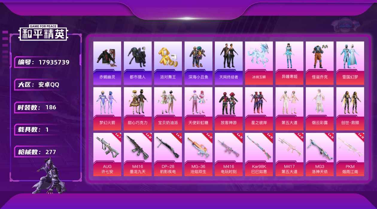和平精英账号安卓QQ[17935739]可二次【特价出售/店主推荐】安卓 手Q-13粉装-13特效枪-1载具-7粉色飞行器-85291热力值-12王牌印记-186套装-277枪皮【热门品类】：粉装-怪诞乔克，粉装-雪国幻
