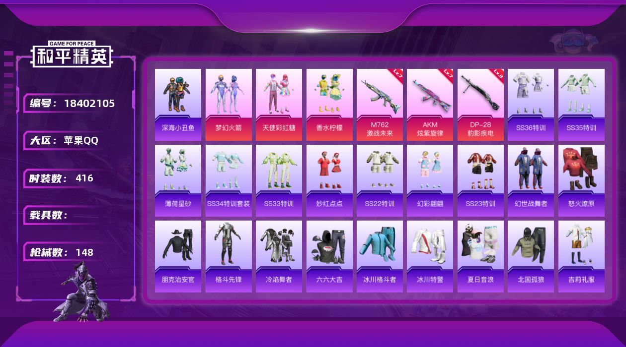 和平精英账号苹果QQ0载具-107套装-148枪皮-1稀有3粉装3特效枪15热门107套装148枪皮 45293热力值 