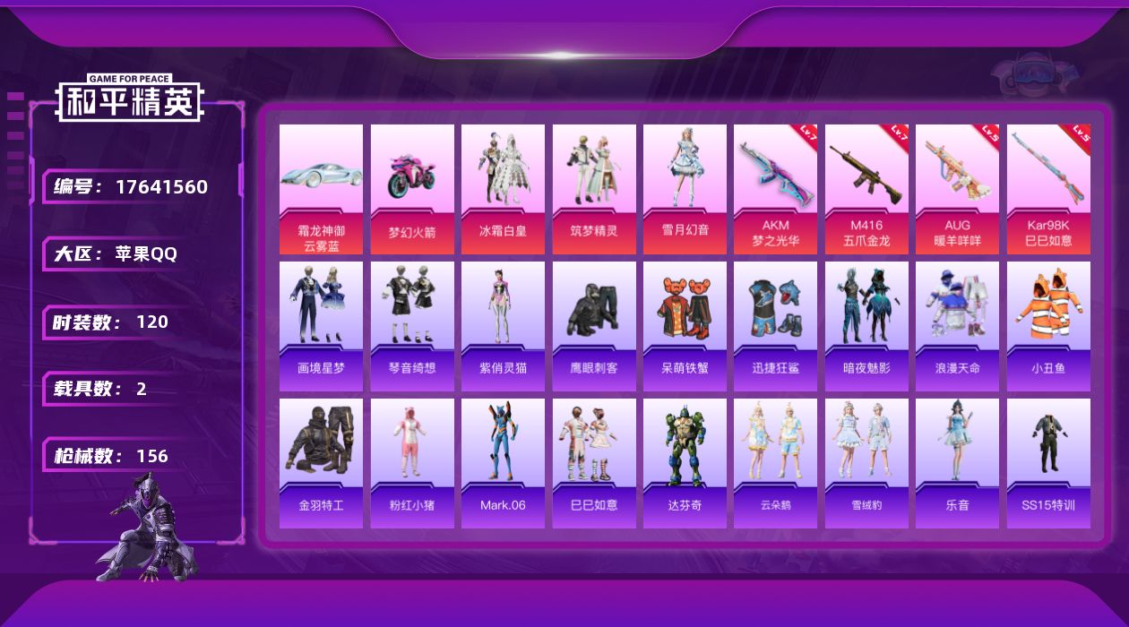 和平精英账号苹果QQ[17641560]【特价出售/店主推荐】苹果 手Q-3粉装-7特效枪-2载具-1粉色飞行器-51184热力值-6王牌印记-120套装-156枪皮【热门品类】：套装-浪漫天命，套装-小丑鱼，套装-金羽