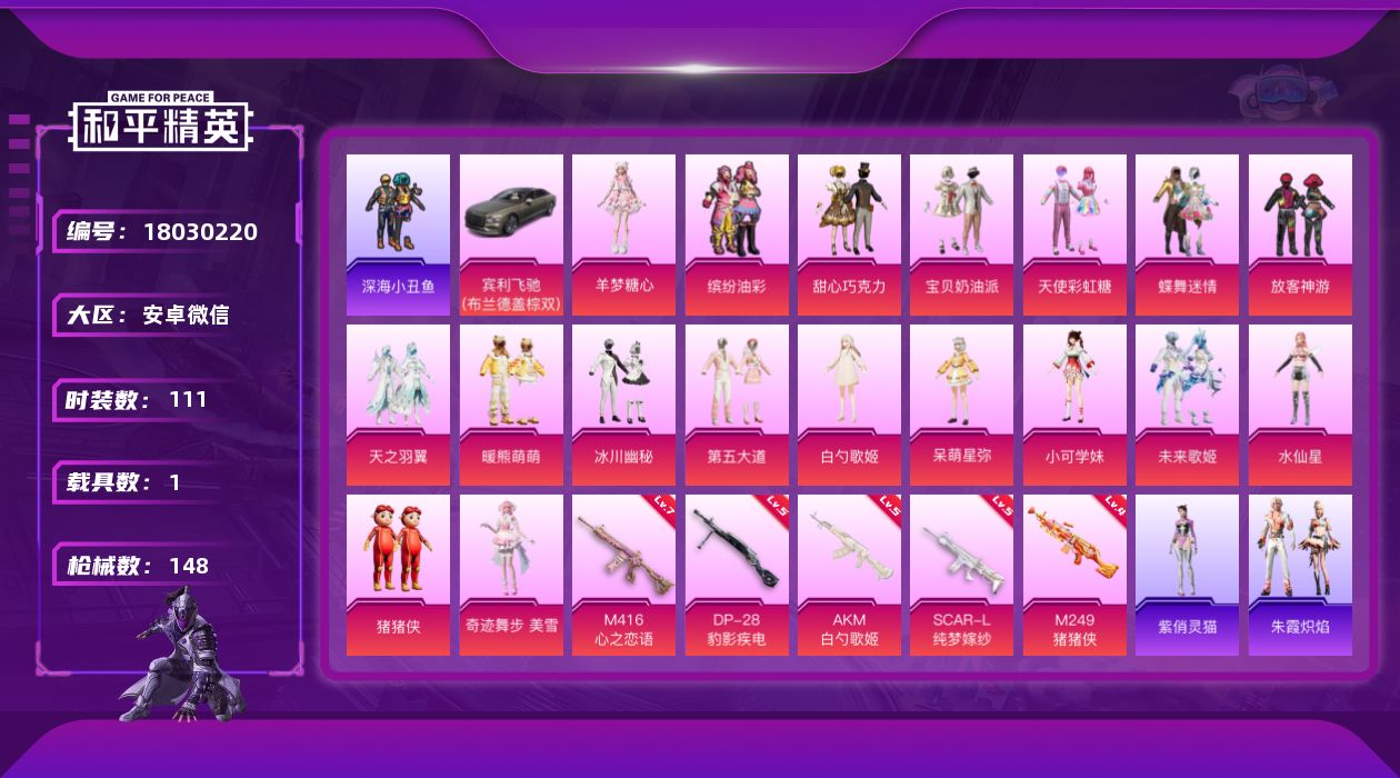 和平精英账号安卓微信[18030220]实名: 可修改 时装数: 111 载具数: 1 枪械数: 148 战备数: 10