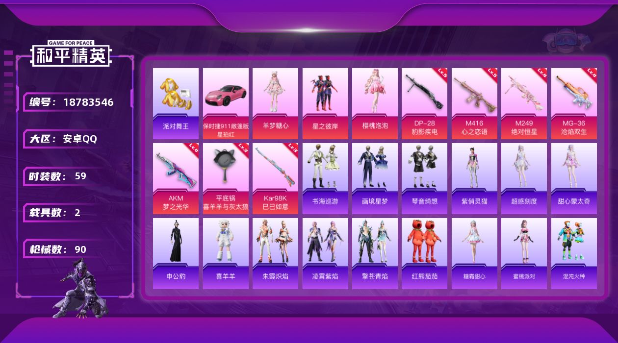 和平精英账号安卓QQ[18783546]安卓 手Q-4粉装-11特效枪-2载具-5粉色飞行器-32074热力值-4王牌印记-59套装-90枪皮
【热门品类】：套装-派对舞王，套装-红熊茄茄
【粉色套装】：粉装-星之彼岸，