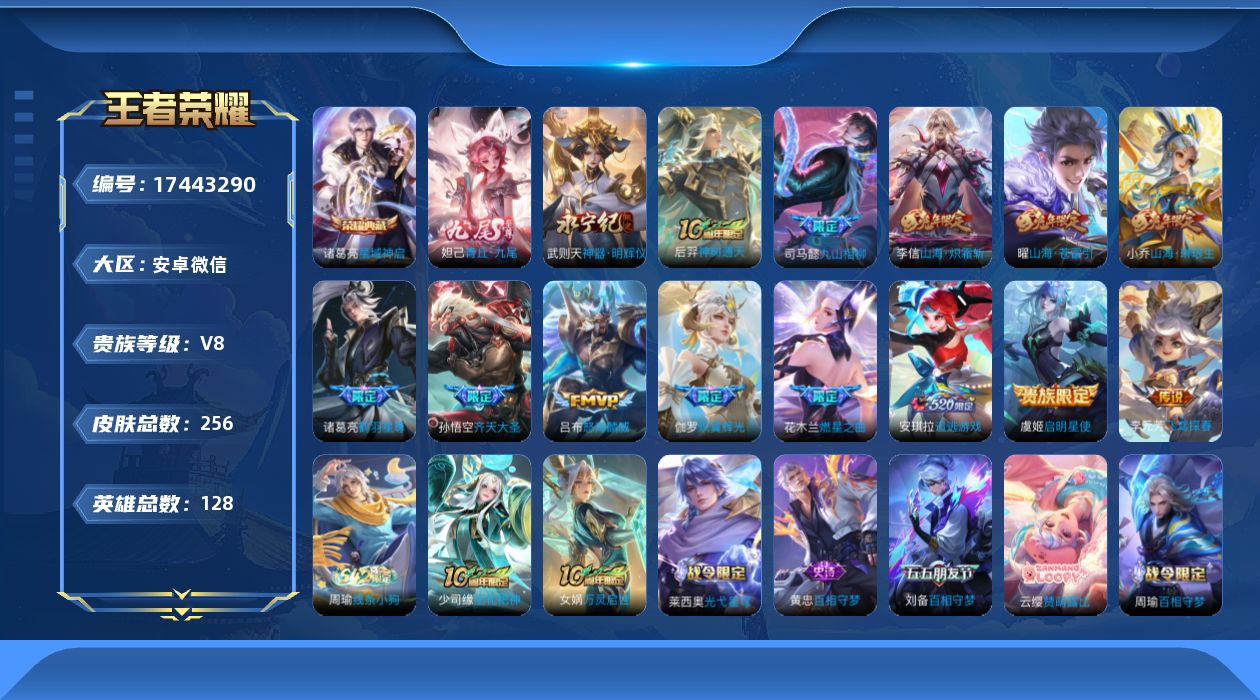 王者荣耀账号安卓VX128英雄-256皮肤-256皮肤1典藏2无双13传说 【典藏】 星域神启 【无双】 神器明辉仪 青