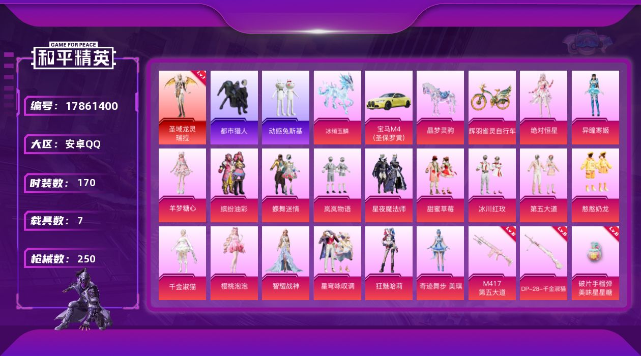 和平精英账号安卓QQ[17861400]连体无畏契约 【特价出售/店主推荐】/绝世印记1 安卓 手Q-3神装-21粉装-24特效枪-7载具-21粉色飞行器-99875热力值-9王牌印记-170套装-250枪皮【红色神装等
