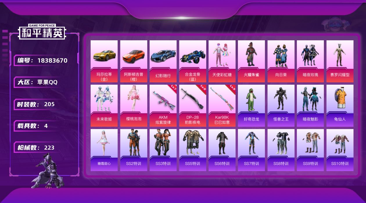 和平精英账号苹果QQ[18383670]苹果 手Q-7粉装-4特效枪-4载具-2粉色飞行器-82047热力值-12王牌印记-205套装-223枪皮
【热门品类】：套装-龟仙人
【粉色套装】：粉装-天使彩虹糖，粉装-火曜朱