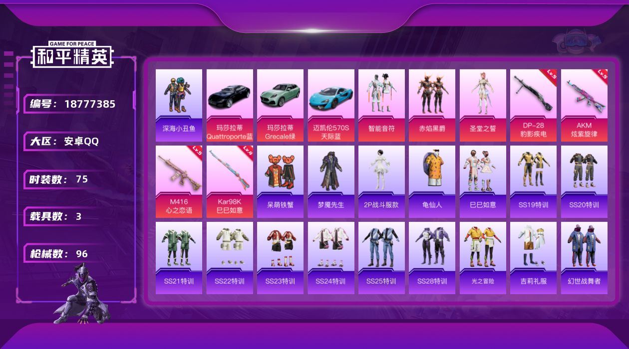 和平精英账号安卓QQ[18777385]安卓 手Q-3粉装-4特效枪-3载具-0粉色飞行器-32232热力值-1王牌印记-75套装-96枪皮
【热门品类】：套装-深海小丑鱼，角色-2P战斗服款，套装-龟仙人
【粉色套装】