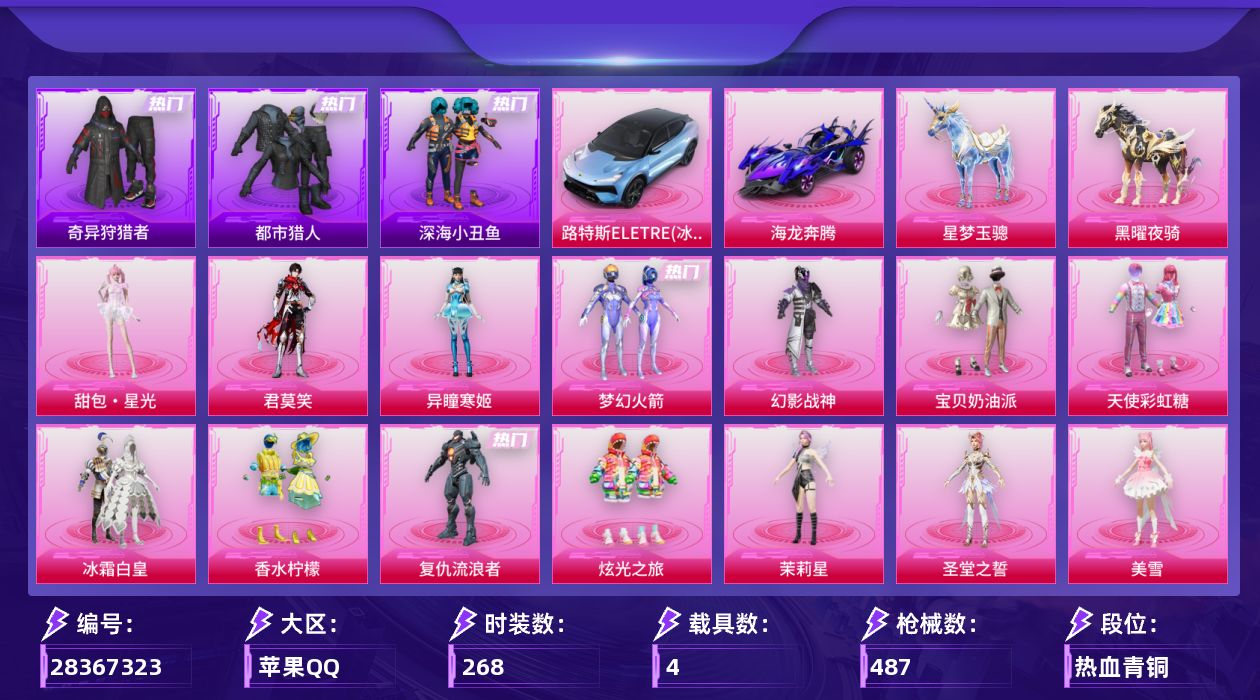 [28367323]苹果手Q-历史最高段位：超级王牌14星-20粉装-31特效枪-4载具-8粉色飞行器-150708热力值-25王牌印记-268套装-487枪皮
【热门品类】：粉装-梦幻火箭，套装-浪漫天命，套装-都市猎人，套装-深海小丑鱼，套装-小丑鱼，套装-奇异狩猎者，角色-军刀雅典娜，套装-忍者信条，角色-2P战斗服款，套装-SS1特训，套装-龟仙人，套装-暗影哥特，角色-8号机，角色-Mark.06
【粉色套装】：粉装-幻影战神，粉装-宝贝奶油派，粉装-天使彩虹糖，粉装-梦幻火箭，粉装-冰霜白皇，粉装-香水柠檬，角色-复仇流浪者，粉装-炫光之旅，角色-茉莉星，角色-圣堂之誓，角色-美雪，角色-美琪，角色-电磁星，粉装-未来领航者，角色-千金淑猫，角色-智耀战神，角色-绯穹魔姬，角色-异瞳寒姬，角色-君莫笑，人物-甜包·星光
【粉色枪皮等级】：AKM-甜心宝贝(六级)，AKM-梦之光华(一级)，SCAR-L-甜梦小狐(五级)，SCAR-L-锦绣绵绵(五级)，M416-心之恋语(一级)，M416-暖熊萌萌(七级)，GROZA-巴啦啦小魔仙(四级)，GROZA-镜光银凌(五级)，AUG-星梦奇缘(八级)，AUG-圣斗士星矢(一级)，M762-电糖天使(五级)，蜜獾-异瞳寒姬(五级)，ACE32-萌骑漫游(五级)，UMP45-量子极限(五级)，Vector-环太平洋(五级)，Vector-流风之羽(五级)，汤姆逊-玉魄流云(二级)，AKS-74U-森灵之息(五级)，P90-金丰海韵(七级)，Kar98K-巳巳如意(五级)，Mk14-福马献瑞(五级)，AMR-智耀战神(五级)，李-恩菲尔德-破风疾驰(一级)，AA12-G-萌骑幻想(五级)，AA12-G-其乐融融(五级)，SPAS-12-音爆索尼克(七级)，DP-28-千金淑猫(五级)，DP-28-豹影疾电(五级)，MG3-酷泡奶龙(七级)，MG-36-沧焰双生(五级)，M338-回旋牧梦使(四级)
【粉色载具】：路特斯ELETRE（冰川蓝），海龙奔腾，星梦玉骢，黑曜夜骑
【粉色枪皮】：AKM-甜心宝贝，AKM-梦之光华，SCAR-L-甜梦小狐，SCAR-L-锦绣绵绵，M416-心之恋语，M416-暖熊萌萌，GROZA-巴啦啦小魔仙，GROZA-镜光银凌，AUG-星梦奇缘，AUG-圣斗士星矢，M762-电糖天使，蜜獾-异瞳寒姬，ACE3