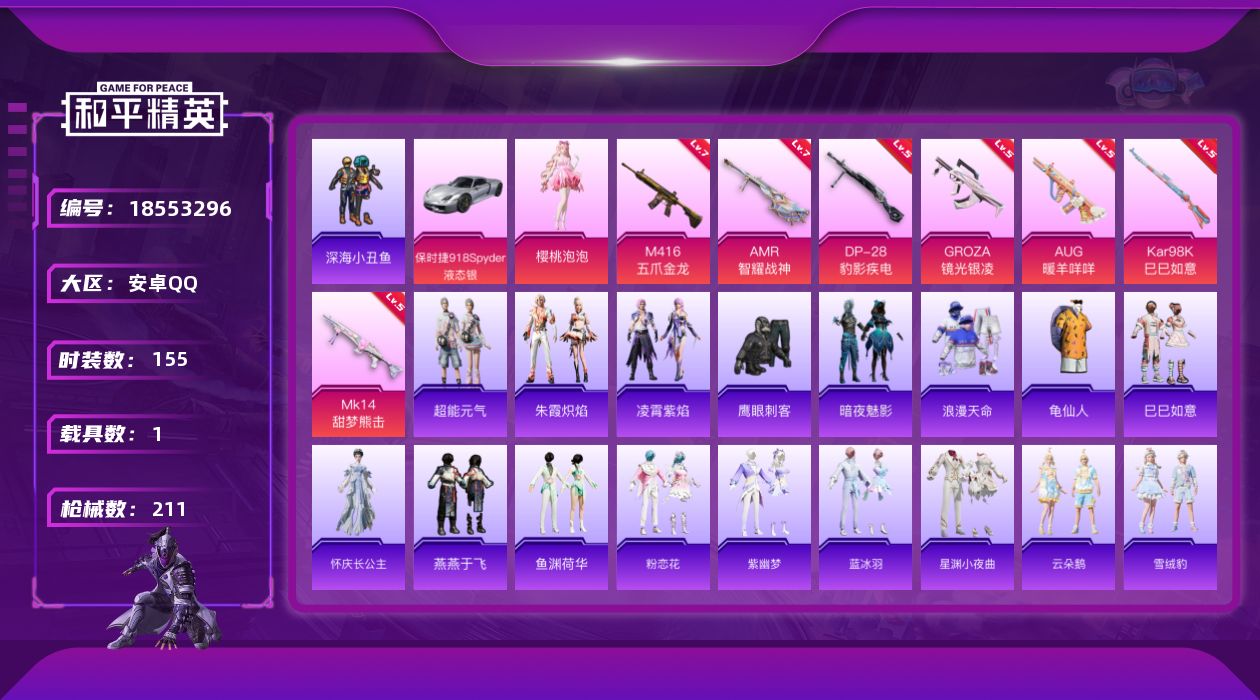 和平精英账号安卓QQ[18553296]安卓 手Q-2粉装-9特效枪-1载具-1粉色飞行器-60645热力值-12王牌印记-155套装-211枪皮
【热门品类】：套装-浪漫天命，套装-深海小丑鱼，套装-龟仙人
【粉色套装