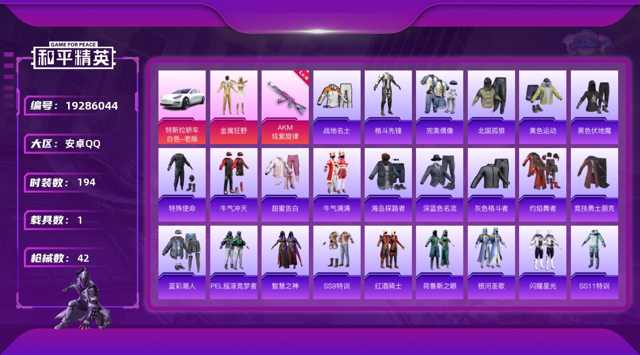 和平精英账号安卓QQ1载具-33套装-42枪皮-1载具1粉装2特效枪5热门32套装41枪皮 13461热力值 历史荣耀皇