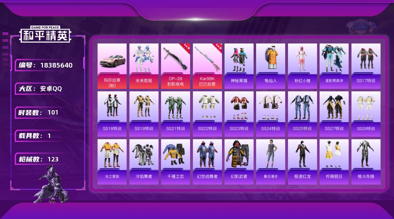 和平精英账号安卓QQ[18385640]可二次【特价出售/店主推荐】安卓 手Q-1粉装-3特效枪-1载具-1粉色飞行器-37136热力值-3王牌印记-101套装-123枪皮【热门品类】：套装-龟仙人，套装-粉红小猪【粉色