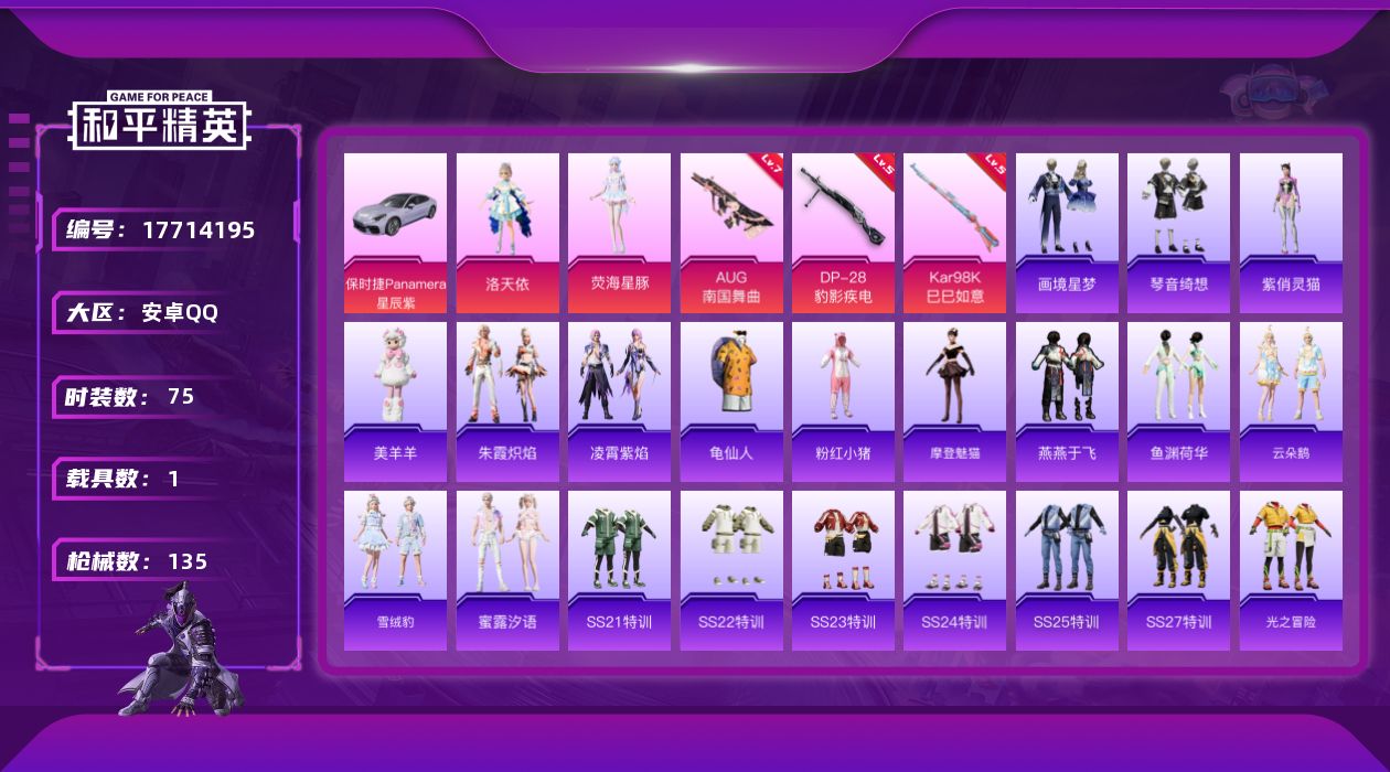和平精英账号安卓QQ[17714195]安卓 手Q-2粉装-5特效枪-1载具-0粉色飞行器-38105热力值-1王牌印记-75套装-135枪皮
【热门品类】：套装-龟仙人，套装-粉红小猪
【粉色套装】：角色-洛天依，角色