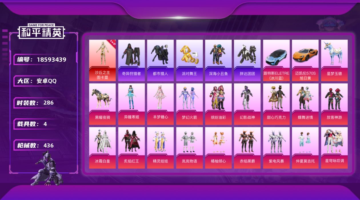 和平精英账号安卓QQ[18593439]安卓 手Q-1神装-19粉装-25特效枪-4载具-15粉色飞行器-148408热力值-17王牌印记-286套装-436枪皮
【红色神装等级】：沙丘之主-图卡盟(二级)
【红色角色神