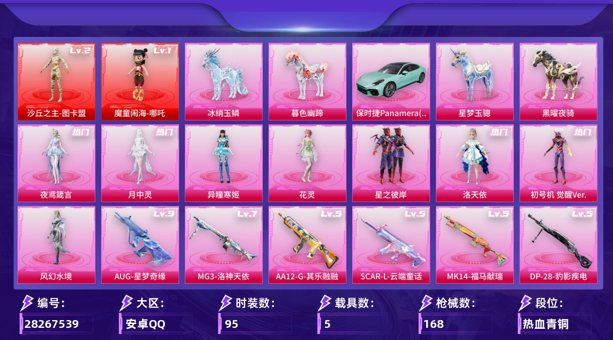 [28267539]安卓手Q-历史最高段位：传奇王牌21星-2神装-8粉装-14特效枪-5载具-11粉色飞行器-63777热力值-5王牌印记-95套装-168枪皮
【红色神装等级】：魔童闹海-哪吒(一级)，沙丘之主-图卡盟(二级)
【红色角色神装】：魔童闹海-哪吒，沙丘之主-图卡盟
【热门品类】：套装-小丑鱼，角色-8号机，角色-Mark.06
【粉色套装】：粉装-星之彼岸，角色-洛天依，角色-初号机 觉醒Ver.，角色-风幻水境，角色-花灵，角色-异瞳寒姬，角色-月中灵，角色-夜鸢箴言
【粉色枪皮等级】：AKM-暮色玫影(三级)，SCAR-L-云端童话(五级)，AUG-星之彼岸(一级)，AUG-星梦奇缘(九级)，蜜獾-异瞳寒姬(四级)，ARX-无垠阁(五级)，汤姆逊-玉魄流云(一级)，Kar98K-巳巳如意(三级)，Mk14-福马献瑞(五级)，M200-梦海之灵(三级)，AA12-G-其乐融融(五级)，DP-28-豹影疾电(五级)，MG3-洛神天依(七级)，烟雾弹-日月星辰(四级)
【粉色载具】：保时捷Panamera（梦幻青），星梦玉骢，黑曜夜骑，冰绡玉鳞，暮色幽蹄
【粉色枪皮】：AKM-暮色玫影，SCAR-L-云端童话，AUG-星之彼岸，AUG-星梦奇缘，蜜獾-异瞳寒姬，ARX-无垠阁，汤姆逊-玉魄流云，Kar98K-巳巳如意，Mk14-福马献瑞，M200-梦海之灵，AA12-G-其乐融融，DP-28-豹影疾电，MG3-洛神天依，烟雾弹-日月星辰
【粉色飞行器】：星之彼岸飞行器，沙丘之主天马，幻海精灵飞行器，曦光华影飞行器，圣域金龙飞行器，灵猫魔法师飞行器，飞天猪飞行器，灵珠游龙飞行器，暮色之舞飞行器，踏卷乘风飞行器
【粉色降落伞】：绝对恒星降落伞，星之彼岸降落伞，洛神天依降落伞，星梦奇缘降落伞，初号机 觉醒Ver.降落伞，忍者神龟降落伞，未来领航者降落伞，荧海星豚降落伞，无垠阁降落伞，喜羊羊与灰太狼降落伞，魔童闹海 哪吒降落伞，异瞳寒姬降落伞，辉云木星降落伞，夜鸢箴言降落伞
【稀有套装】：角色-超感刻度，角色-甜心蒙太奇，套装-雪国风尚，套装-马上有钱，套装-迅捷龙虾，套装-遗迹猎人，角色-碧琪联名款，套装-云宝联名款，套装-其乐融融，套装-彩旗巡礼，套装-恋语绒绒，套装-晴夏甜甜，套装-荒原烈焰，套装-云水剑心，套装-破界重生，套装-黑曜晚宴，套装-冰河战士，套装-雏菊兔兔