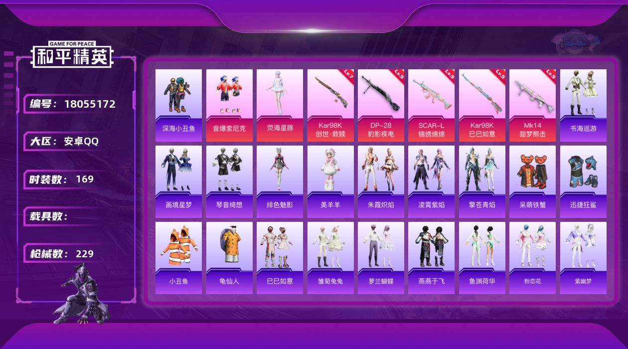 和平精英账号安卓QQ[18055172]安卓 手Q-2粉装-7特效枪-0载具-0粉色飞行器-63714热力值-13王牌印记-169套装-229枪皮
【热门品类】：粉装-音爆索尼克，套装-深海小丑鱼，套装-小丑鱼，套装-龟