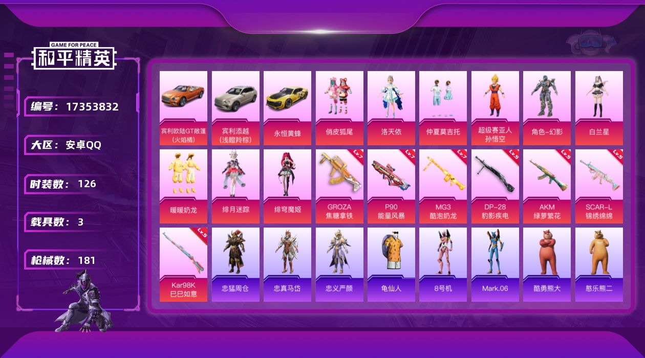 和平精英账号安卓QQ[17353832]DAS9934  安卓Q-可二次 满级P90-能量风暴 (7级) GROZA-焦糖拿铁 (7级)MG3-酷泡奶龙 (7级)  3载具9粉装7特效枪11热门126套装181枪皮 64