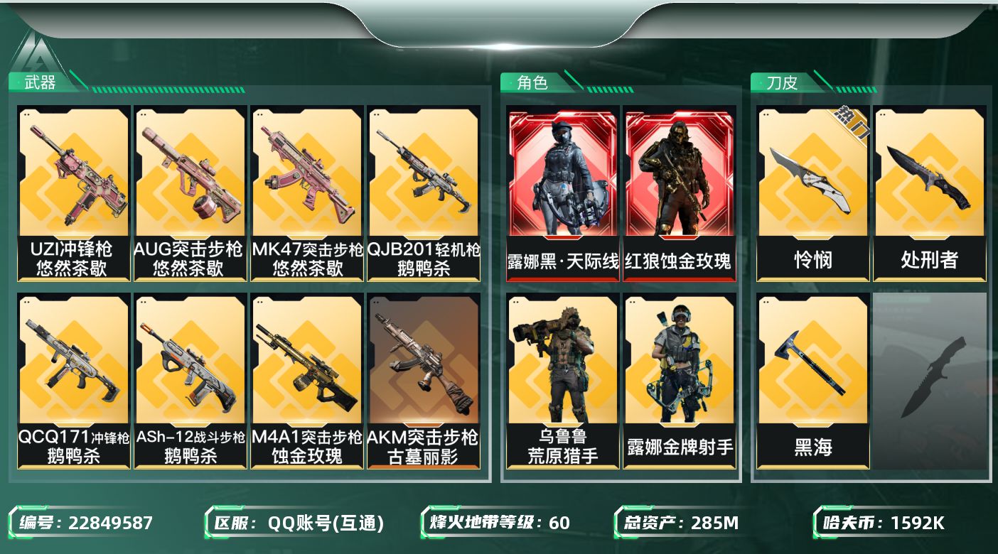三角洲行动账号QQ【SJZDHC3664】DHC90322  2刀皮怜悯黑海/2红皮天际线黑狼/8金皮  285m总资