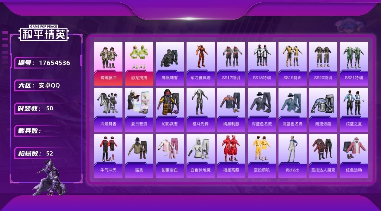 和平精英账号安卓QQ[17654536]安卓 手Q-2粉装-0特效枪-0载具-0粉色飞行器-15886热力值-3王牌印记-50套装-52枪皮
【热门品类】：角色-军刀雅典娜
【粉色套装】：粉装-琉璃脉冲，粉装-恐龙拽拽
