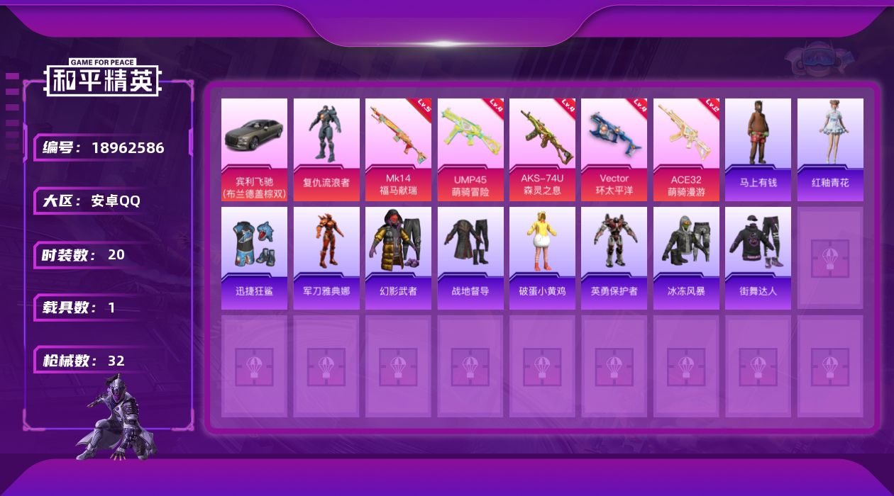 和平精英账号安卓QQ[18962586]20套装/枪械5/装备33/载具1/战备25/王牌印记1/热力值10483/二级ACE32-萌骑漫游/四级UMP45-萌骑冒险/四级Vector-环太平洋/四级AKS-74U-森灵
