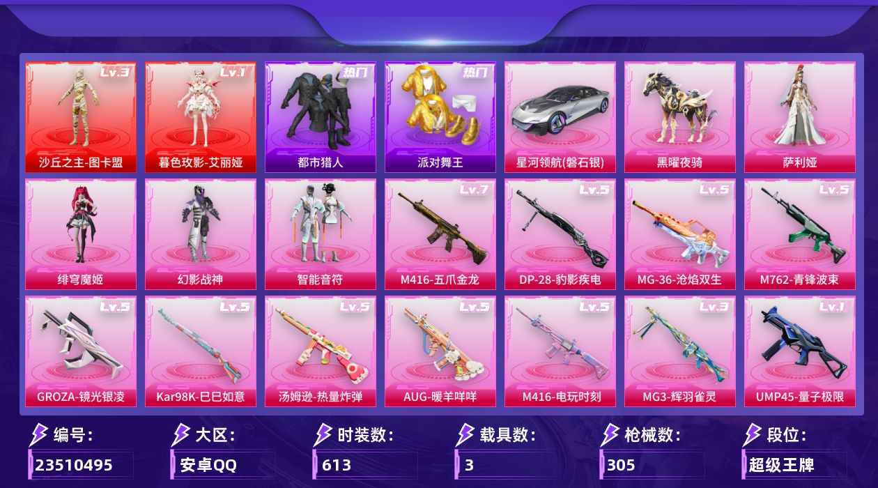 和平精英账号安卓QQ3载具-176套装-305枪皮-2红装3稀有3载具6粉装25特效枪12热门176套装305枪皮 热力