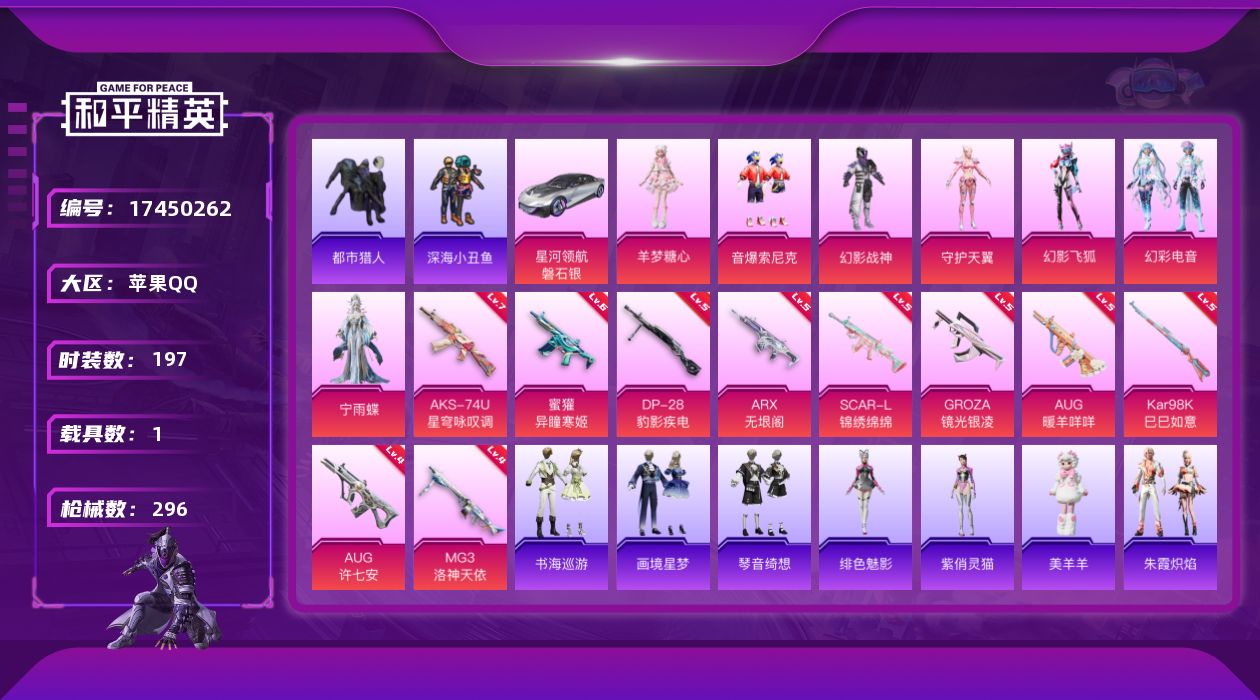 和平精英账号苹果QQ[17450262]苹果 手Q-8粉装-14特效枪-1载具-5粉色飞行器-84988热力值-15王牌印记-197套装-296枪皮
【热门品类】：粉装-音爆索尼克，套装-浪漫天命，套装-都市猎人，套装-