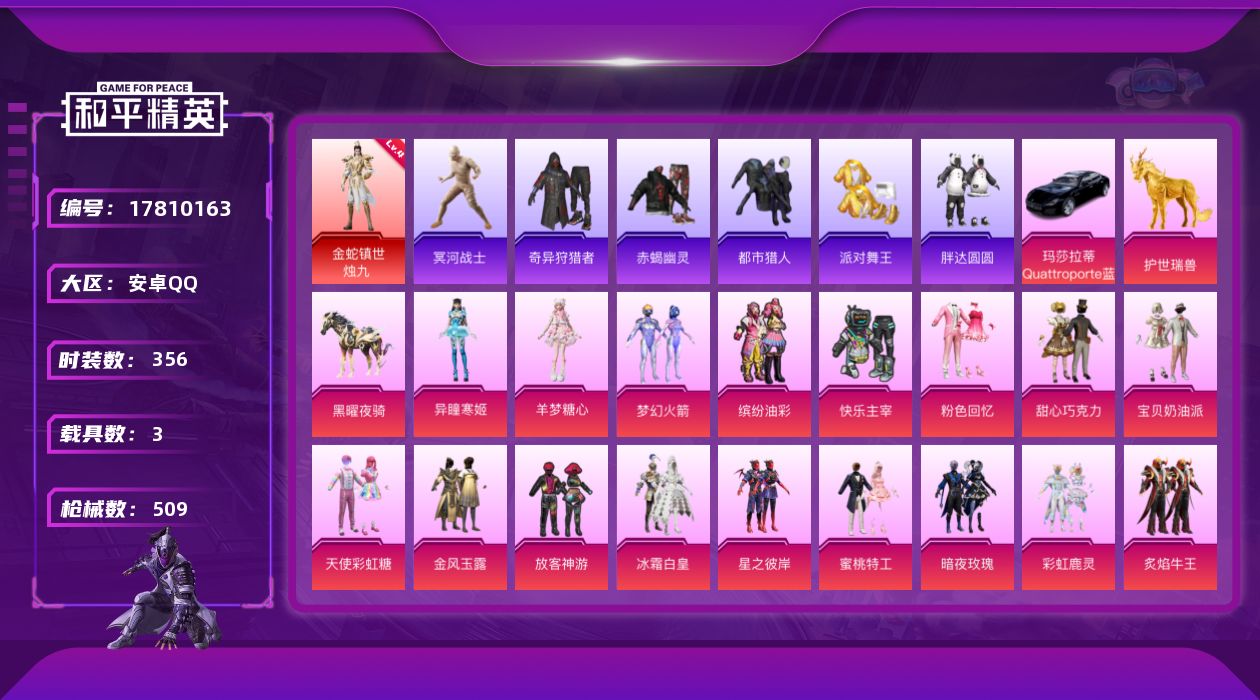 和平精英账号安卓QQ[17810163]安卓 手Q-1神装-31粉装-22特效枪-3载具-23粉色飞行器-187700热力值-21王牌印记-356套装-509枪皮
【红色神装等级】：金蛇镇世-烛九(四级)
【红色角色神装