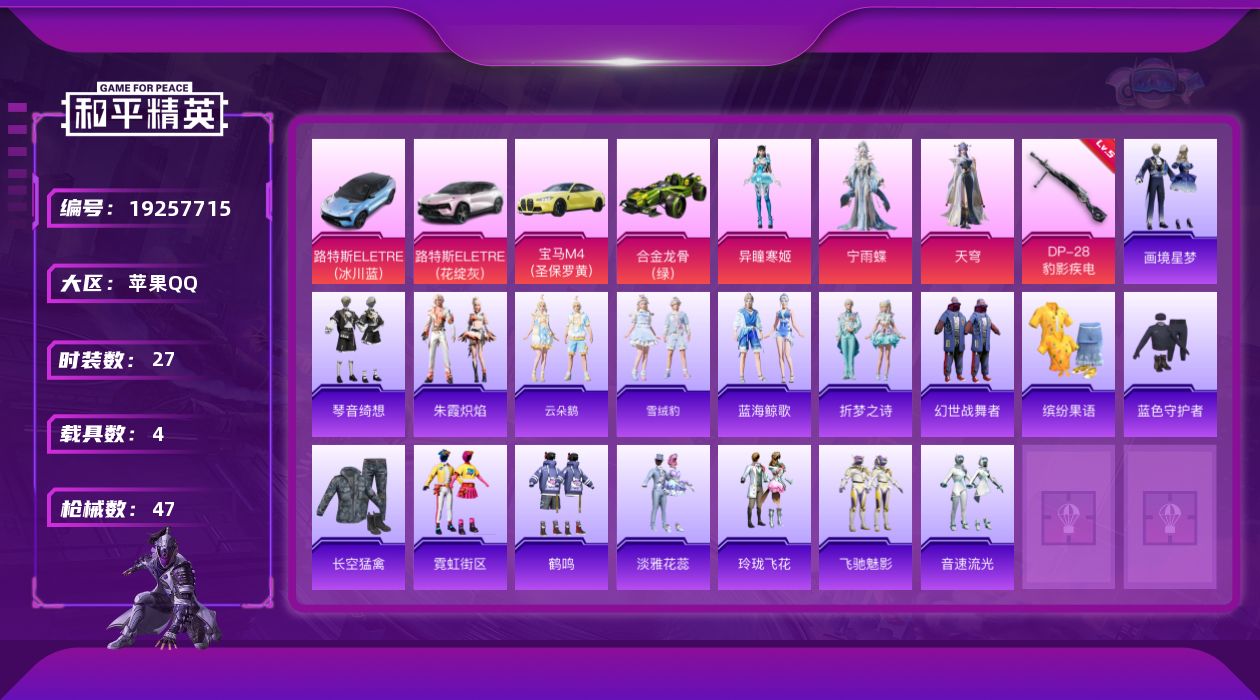 和平精英账号苹果QQ[19257715]27套装/枪械1/装备64/载具4/战备46/热力值19478/五级DP-28-豹影疾电/宁雨蝶/天穹/异瞳寒姬/路特斯ELETRE(冰川蓝)/路特斯ELETRE(花绽灰)/宝马M