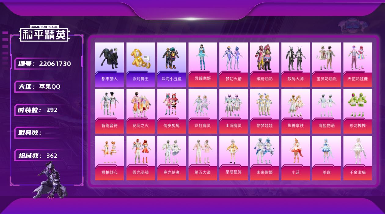 和平精英账号苹果QQ[22061730]292套装/枪械7/装备469/战备280/王牌印记23/热力值112934/五级SCAR-L-锦绣绵绵/七级M416-心之恋语/五级UMP45-萌骑冒险/五级Kar98K-巳巳如