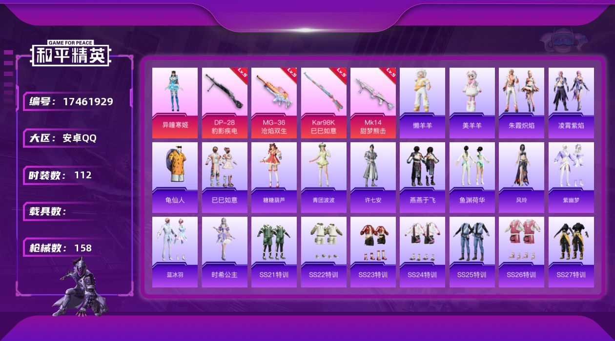 和平精英账号安卓QQ[17461929]安卓 手Q-1粉装-7特效枪-0载具-2粉色飞行器-40037热力值-9王牌印记-112套装-158枪皮
【热门品类】：套装-龟仙人
【粉色套装】：角色-异瞳寒姬
【粉色枪皮等级】