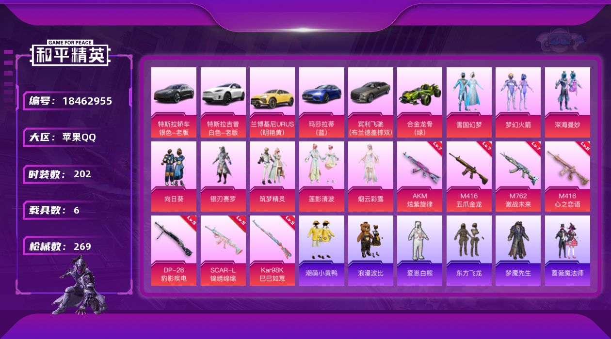 和平精英账号苹果QQ[18462955]苹果 手Q-8粉装-7特效枪-6载具-1粉色飞行器-99037热力值-20王牌印记-202套装-269枪皮【热门品类】：粉装-雪国幻梦，粉装-梦幻火箭，绝对防御上衣，套装-浪漫天命