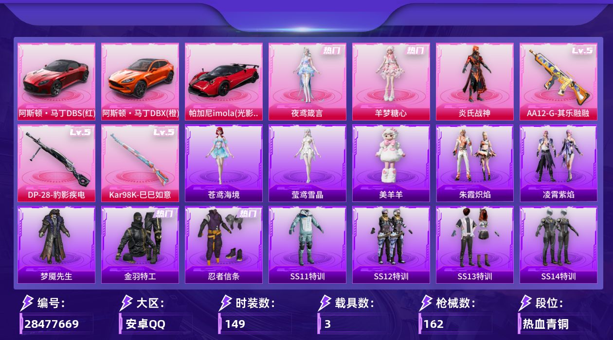 [28477669]安卓手Q-历史最高段位：卓越王牌12星-3粉装-3特效枪-3载具-1粉色飞行器-53072热力值-9王牌印记-149套装-162枪皮
【热门品类】：套装-金羽特工，套装-忍者信条
【粉色套装】：粉装-炎氏战神，角色-羊梦糖心，角色-夜鸢箴言
【粉色枪皮等级】：Kar98K-巳巳如意(五级)，AA12-G-其乐融融(五级)，DP-28-豹影疾电(五级)
【粉色载具】：阿斯顿马丁DBS（红），阿斯顿马丁DBX（橙），帕加尼imola（光影红）
【粉色枪皮】：Kar98K-巳巳如意，AA12-G-其乐融融，DP-28-豹影疾电
【粉色飞行器】：炫彩糖果飞行器
【粉色降落伞】：古堡领主降落伞，甜蜜誓约降落伞，四圣焕新降落伞，锦绣火鲤降落伞，暗夜玫瑰降落伞，海螺星光降落伞，临安公主降落伞，盛世惊鸿降落伞，樱桃泡泡降落伞，幻彩电音降落伞，喜羊羊与灰太狼降落伞，极意拳锋降落伞
【稀有套装】：玩偶服-憨乐熊二，套装-巳巳如意，套装-糖糖葫芦，套装-青团波波，套装-棉花软糖，角色-临安公主，角色-光矢逐梦，套装-燕燕于飞，套装-鱼渊荷华，套装-闪电轻猫，角色-糖霜甜心，套装-紫幽梦，套装-蓝冰羽，套装-星影赞美诗，套装-霓虹热舞，套装-云朵鹅，套装-雪绒豹，套装-朱霞炽焰，套装-凌霄紫焰，玩偶服-美羊羊，角色-苍鸢海境，角色-莹鸢雪晶
【稀有枪皮】：AKM-四圣焕新，AKM-夜灯，AKM-彩虹符号，AKM-灼热熔岩，AKM-王牌投手，AKM-破晓战魂，AKM-萌趣颜团子，AKM-虎虎生威，M16A4-幻世战舞者，M16A4-红色方程式，M16A4-蓝色火焰，SCAR-L-暗夜玫瑰，SCAR-L-炫彩节奏，SCAR-L-玉兔迎春，SCAR-L-甜蜜誓约，SCAR-L-红色方程式，M416-红色方程式，M416-蓝色火焰，GROZA-彩虹符号，AUG-耀粉歌者，QBZ-原初圣火，QBZ-彩虹符号，QBZ-洛神天依，QBZ-潮汐统领，QBZ-神秘黑猫，M762-天降萌叽，M762-牛气冲天，M762-镭射皇者，M762-云朵鹅，G36C-星穹咏叹调，AC-VAL-天降萌叽，ARX-凌霄紫焰，UZI-天降萌叽，UZI-炫彩节奏，UZI-红色方程式，UMP45-蓝色火焰，Vector-夜灯，Vector-音爆索尼克，汤姆逊-天降萌叽，汤姆逊-奇异狩猎者，汤姆逊-庄周梦蝶，汤姆逊-环太平洋，汤