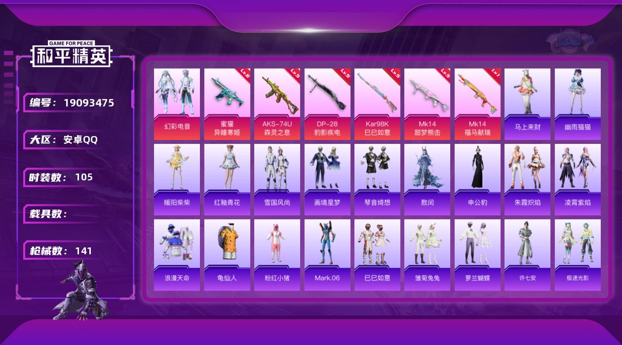 和平精英账号安卓QQ[19093475]安卓手Q-1粉装-6特效枪-1粉色飞行器-34249热力值-3王牌印记-105套装-141枪皮
【热门品类】：套装-浪漫天命，套装-龟仙人，套装-粉红小猪，角色-Mark.06
【