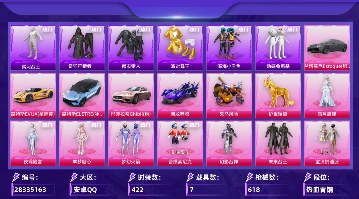 [28335163]安卓手Q-历史最高段位：无敌战神-28粉装-32特效枪-7载具-17粉色飞行器-210726热力值-26王牌印记-422套装-618枪皮
【热门品类】：粉装-梦幻火箭，粉装-音爆索尼克，套装-浪漫天命，套装-都市猎人，套装-冥河战士，套装-派对舞王，套装-深海小丑鱼，套装-小丑鱼，套装-奇异狩猎者，角色-军刀雅典娜，套装-金羽特工，套装-忍者信条，套装-暗夜行者，套装-动感兔斯基人偶服，套装-AG战队服，角色-2B战斗服款，套装-暗夜之虎，旭日初心兜帽大衣，套装-龟仙人，套装-潮萌小黄鸭，套装-暗影哥特，套装-粉红小猪，套装-红红火火，角色-Mark.06，角色-六号稻草人，M416-星际漫游，熔岩游骑兵连帽夹克
【粉色套装】：角色-满月旋律，粉装-幻影战神，粉装-未来战士，粉装-宝贝奶油派，粉装-天使彩虹糖，粉装-蝶舞迷情，粉装-梦幻火箭，粉装-金风玉露，粉装-金属狂野，粉装-智能音符，粉装-彗云及圣，粉装-幻彩马卡龙，粉装-绚金战神，粉装-冰霜白皇，粉装-香水柠檬，粉装-星之彼岸，角色-洛天依，粉装-蓝莓炮弹，粉装-恐龙拽拽，角色-复仇流浪者，粉装-垂柳戏鸭，粉装-音爆索尼克，角色-阿尔茜，玩偶服-猪猪侠，套装-创世·救赎，角色-智耀战神，角色-羊梦糖心，角色-夜鸢箴言
【粉色枪皮等级】：AKM-甜心宝贝(六级)，AKM-梦之光华(一级)，AKM-星际浪客(一级)，AKM-满月旋律(一级)，M16A4-垂柳戏鸭(二级)，SCAR-L-童趣迷兔(七级)，SCAR-L-青春物语(一级)，M416-五爪金龙(一级)，M416-心之恋语(一级)，M416-风花雪月(一级)，M416-暖熊萌萌(一级)，M416-至情至圣(九级)，GROZA-香水柠檬(五级)，AUG-星之彼岸(七级)，ACE32-萌骑漫游(五级)，UMP45-恐龙拽拽(七级)，Vector-环太平洋(五级)，汤姆逊-热量炸弹(五级)，AKS-74U-信仰神谕(七级)，Kar98K-未来歌姬(二级)，Kar98K-巳巳如意(五级)，Mk14-精灵梦叶罗丽(五级)，Mk14-福马献瑞(五级)，AMR-炫光之旅(六级)，AA12-G-其乐融融(五级)，SPAS-12-音爆索尼克(五级)，DP-28-豹影疾电(五级)，MG3-洛神天依(五级)，MG3-梦幻舞会(一级)，MG-36-沧焰双生(五级)，平底锅-仲夏
