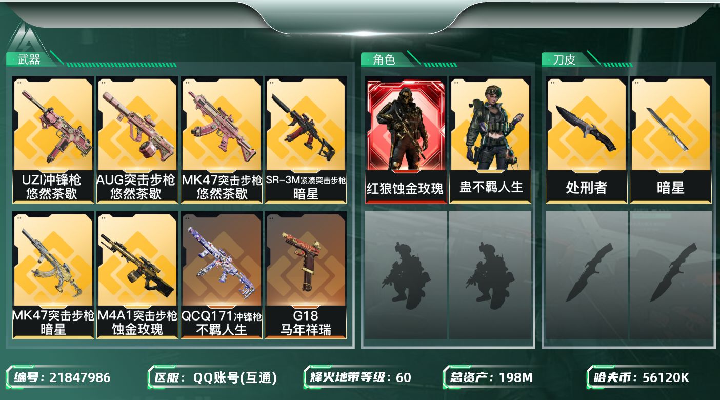 三角洲行动账号QQ【SJZEHC1403】EHC82896-暗星-蚀金玫瑰-1红皮-1刀皮-1金皮-
198m总资产-