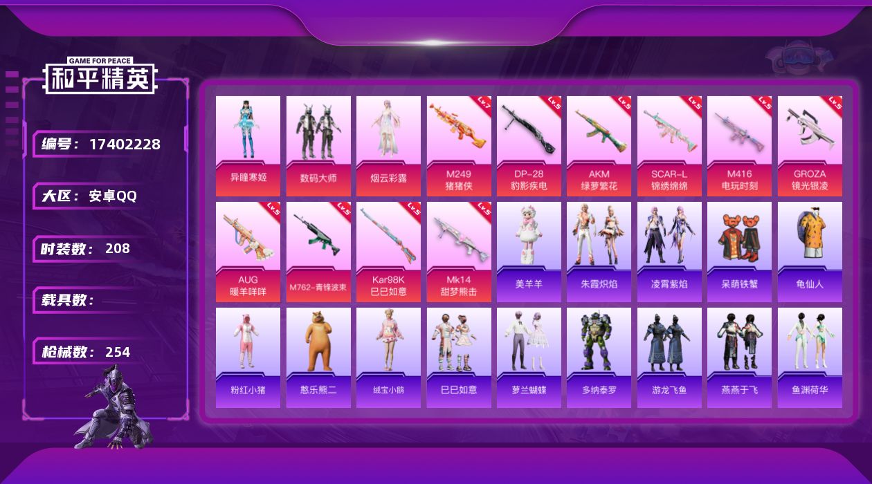 和平精英账号安卓QQ[17402228]安卓 手Q-3粉装-12特效枪-0载具-1粉色飞行器-73662热力值-11王牌印记-208套装-254枪皮
【热门品类】：套装-龟仙人，套装-粉红小猪
【粉色套装】：粉装-数码大