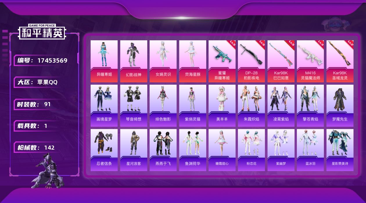 和平精英账号苹果QQ[17453569]【店主推荐捡漏号！可直接换绑】苹果 手Q-5粉装-12特效枪-1载具-8粉色飞行器-42179热力值-6王牌印记-91套装-142枪皮【热门品类】：套装-忍者信条，套装-星河浪客【