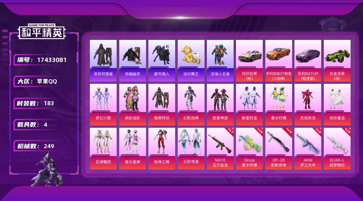 和平精英账号苹果QQ[17433081]极品素材号 苹果 手Q-13粉装-11特效枪-4载具-2粉色飞行器-84898热力值-16王牌印记-183套装-249枪皮【热门品类】：粉装-梦幻火箭，粉装-缤纷油彩，套装-浪漫天