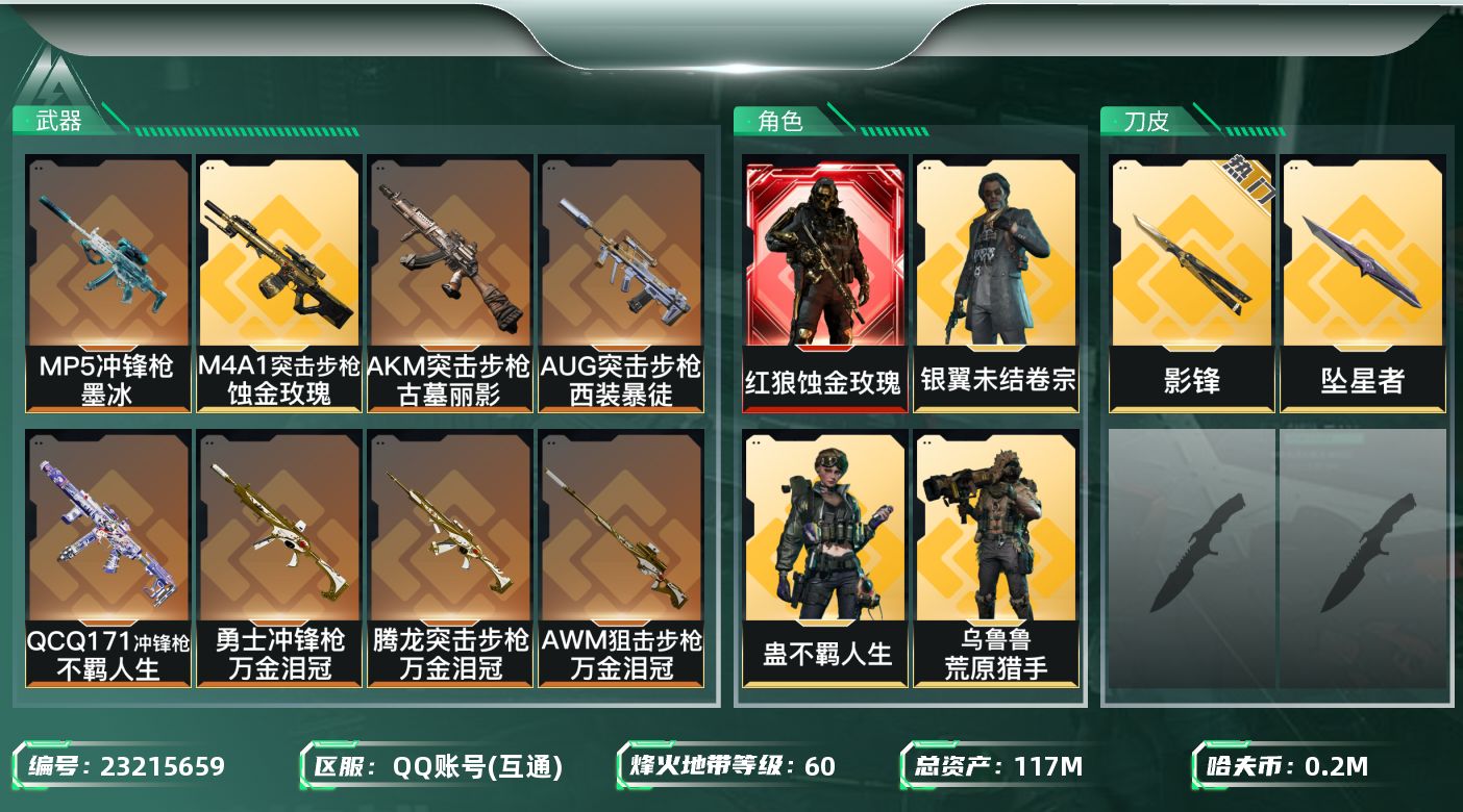 三角洲行动账号QQ【7073】117m总资产-200k哈夫币-60烽火等级-钻石-50战场等级-尉官
【干员外观】：红