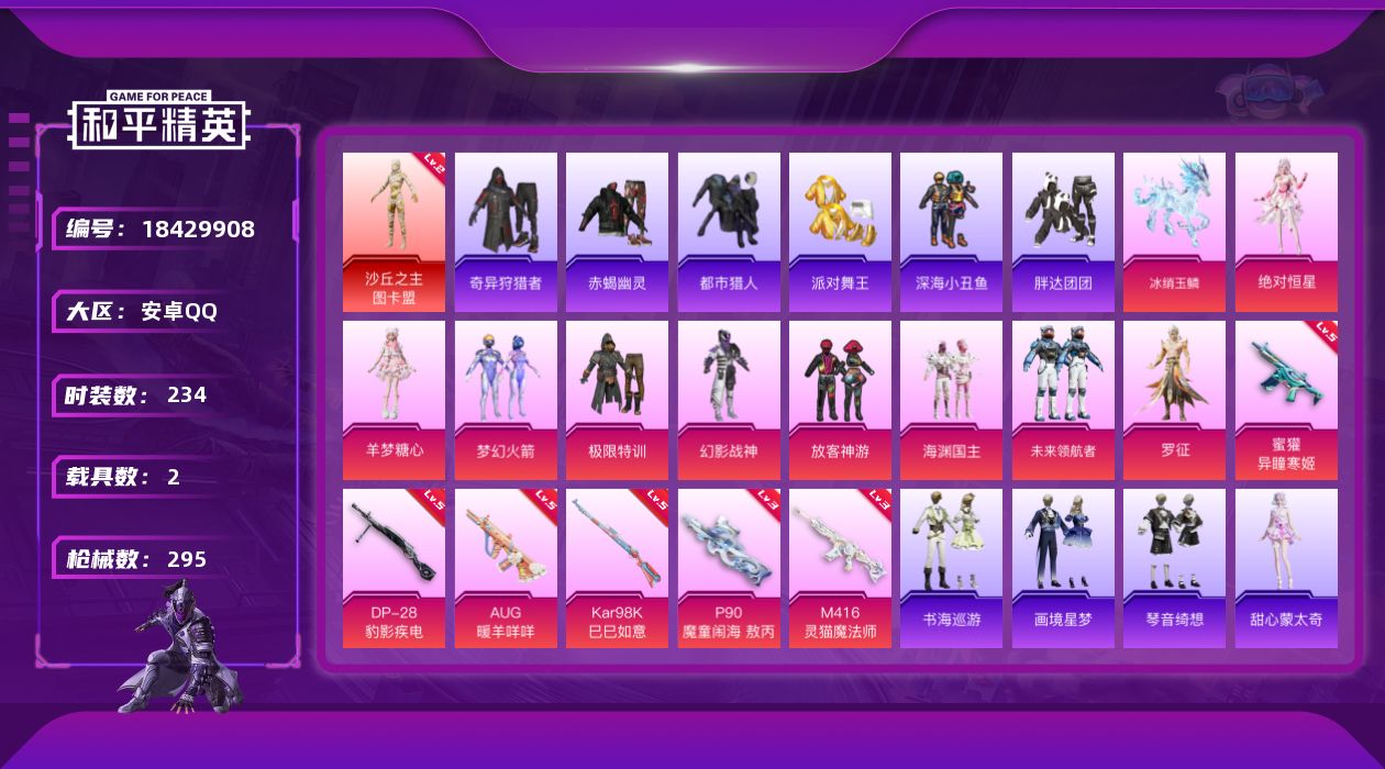 和平精英账号安卓QQ[18429908]安卓 手Q-1神装-10粉装-9特效枪-2载具-8粉色飞行器-95738热力值-9王牌印记-234套装-295枪皮
【红色神装等级】：沙丘之主-图卡盟(二级)
【红色角色神装】：沙