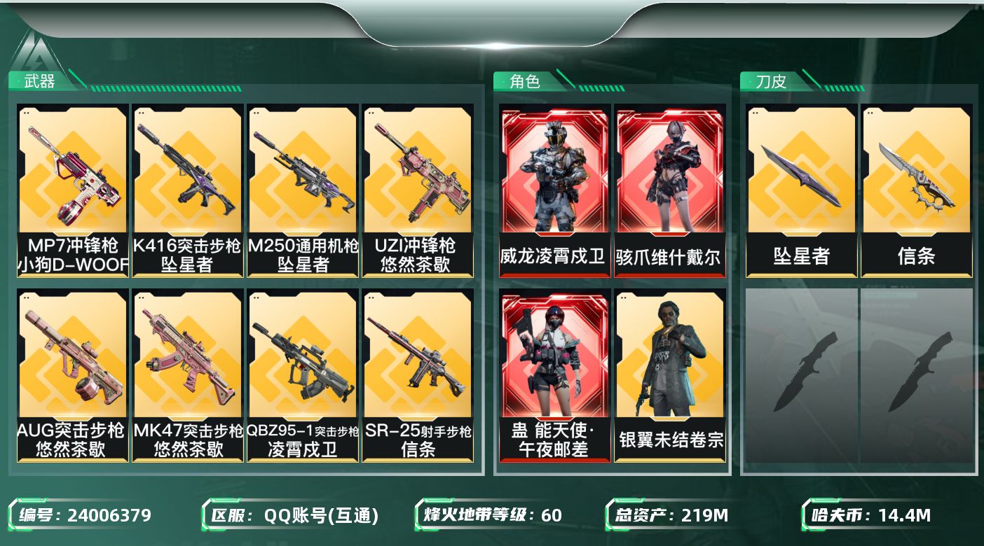 三角洲行动账号QQ[24006379]【7507】384721刘  219m总资产-14407k哈夫币-60烽火等级-
