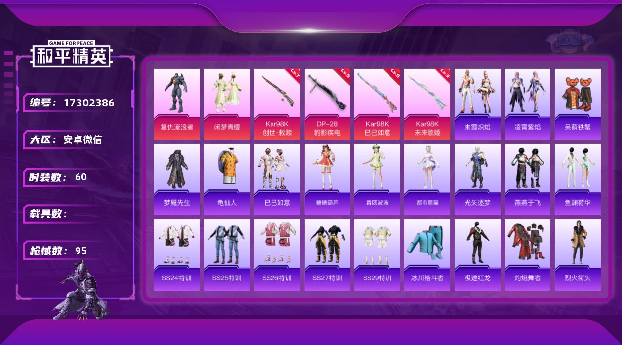 和平精英账号安卓微信[17302386]【特价出售/店主推荐】安卓 微信-2粉装-4特效枪-0载具-0粉色飞行器-27426热力值-5王牌印记-60套装-95枪皮
【热门品类】：套装-龟仙人
【粉色套装】：角色-复仇流浪