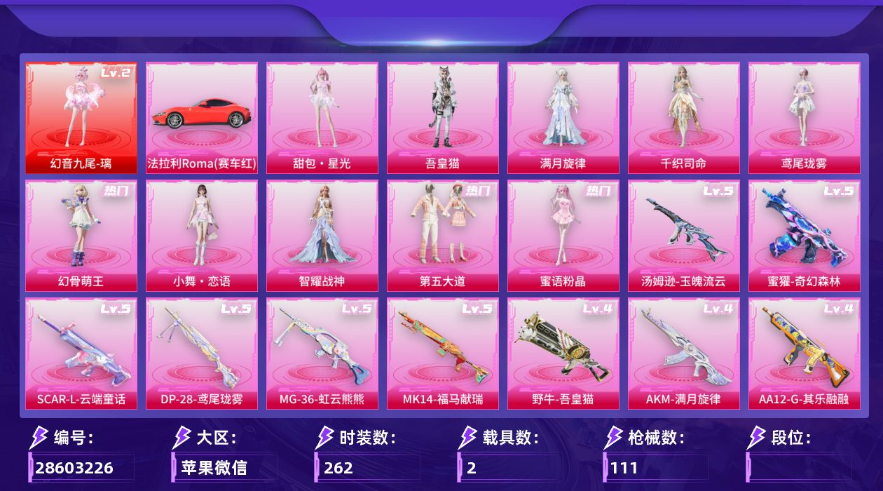 []1红装 10粉装 13特效枪 2载具 4印记 可二次 可修改实名 
【二级神装】二级幻音九尾-璃
【热门装扮】智耀战神,千织司命,满月旋律,吾皇猫,甜包·星光,皎白汐音,鸢尾珑雾,雨过天青,幻骨萌王,蜜语粉晶,小舞·恋语,第五大道
【载具】法拉利Roma(赛车红)
【稀有枪皮】S